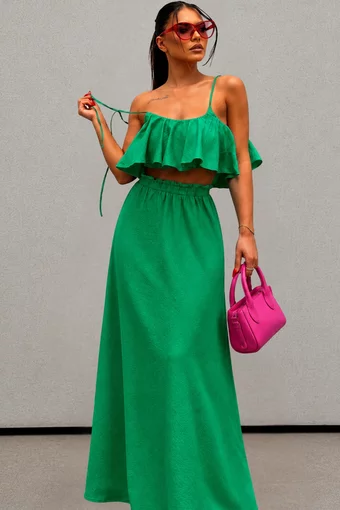  Compleu  Din Doua Piese ,Tesatura tip In ,cu Top si Fusta Lunga, Emerald, Verde
