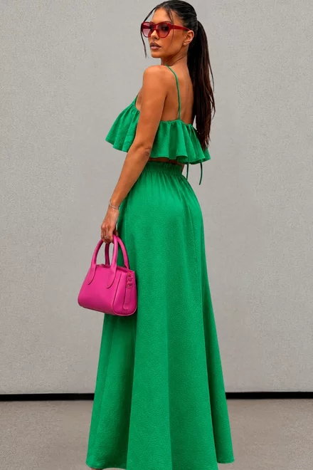  Compleu  Din Doua Piese ,Tesatura tip In ,cu Top si Fusta Lunga, Emerald, Verde