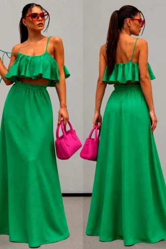  Compleu  Din Doua Piese ,Tesatura tip In ,cu Top si Fusta Lunga, Emerald, Verde