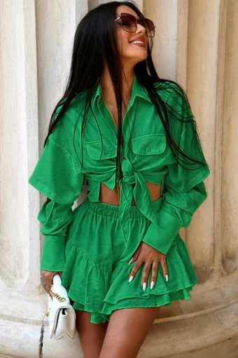 Compleu din Doua Piese, Tesatura Tip In,  Maneci Detasabile si Fusta Pantalon, Freya, Verde