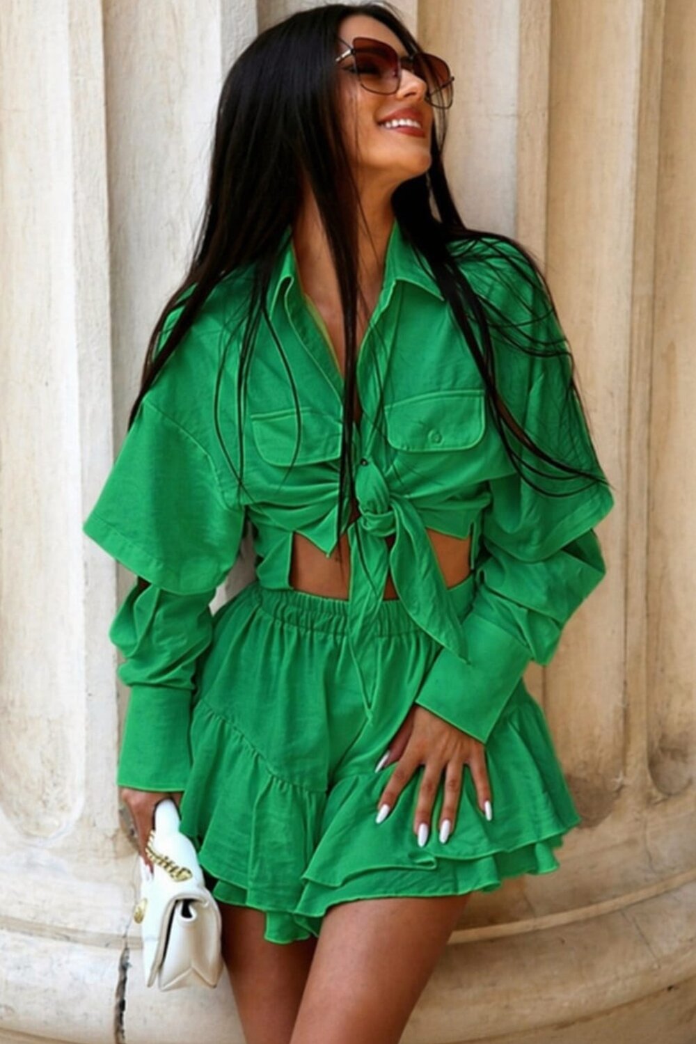 FOGGI Compleu Din Doua Piese, Tesatura Tip In, Maneci Detasabile Si Fusta Pantalon, Freya, Verde