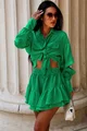 Compleu din Doua Piese, Tesatura Tip In,  Maneci Detasabile si Fusta Pantalon, Freya, Verde