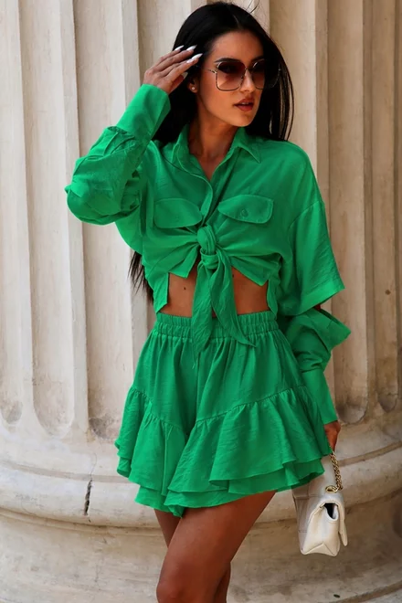 Compleu din Doua Piese, Tesatura Tip In,  Maneci Detasabile si Fusta Pantalon, Freya, Verde