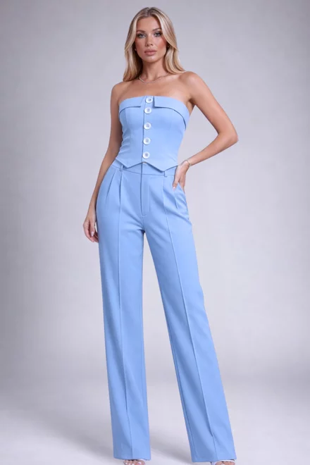 Compleu din Doua Piese, Top si Pantalon Lejer, din Bistrech, Zafire, Bleu