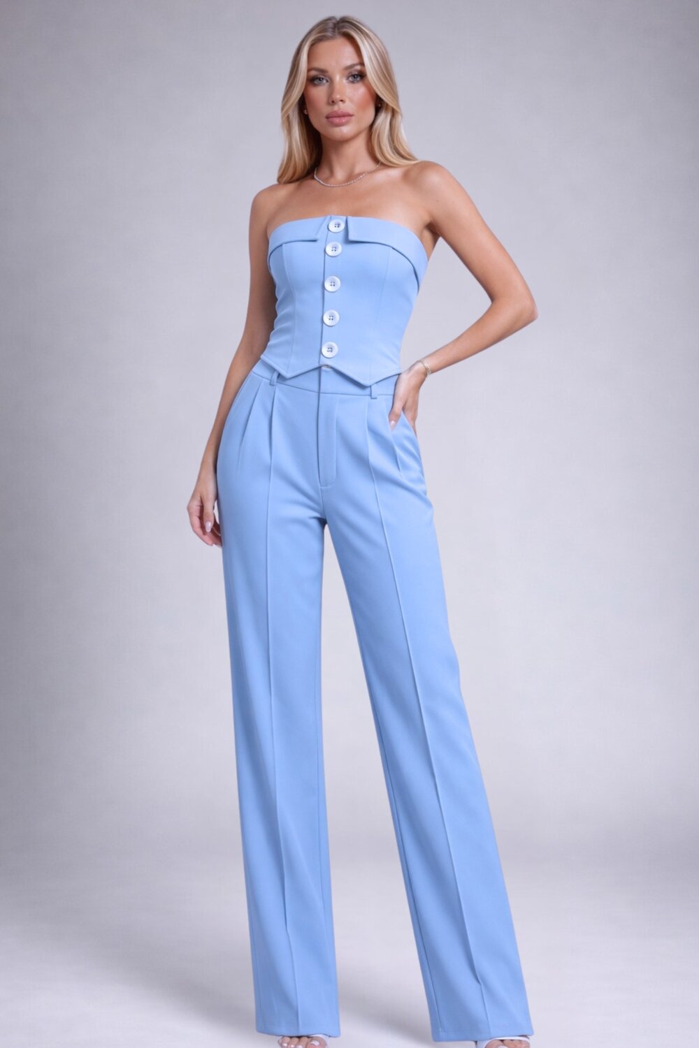 FOGGI Compleu Din Doua Piese, Top Si Pantalon Lejer, Din Bistrech, Zafire, Bleu
