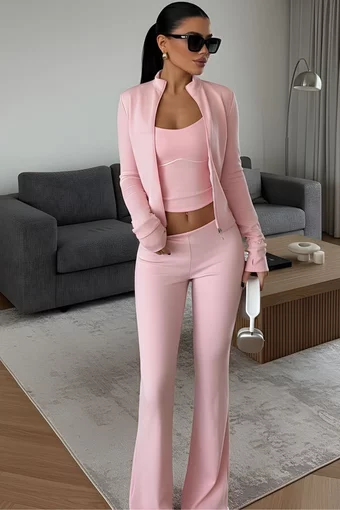 Compleu din Lycra, Trei Piese, Bluza cu Inchidere Fermoar, Maieu si Pantaloni Evazati, Antonny, Roz