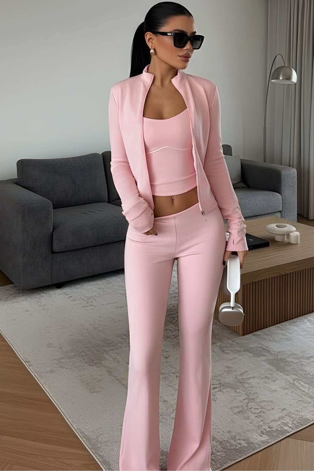 FOGGI Compleu Din Lycra, Trei Piese, Bluza Cu Inchidere Fermoar, Maieu Si Pantaloni Evazati, Antonny, Roz