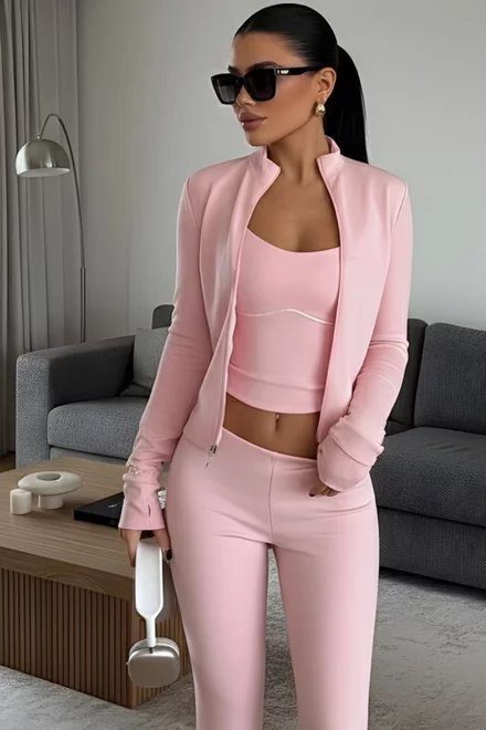 Compleu din Lycra, Trei Piese, Bluza cu Inchidere Fermoar, Maieu si Pantaloni Evazati, Antonny, Roz