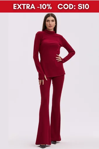 Black Friday - Reduceri Compleu din Pulover, Doua Piese, Pantalon Evazat si Maleta Lunga cu Crapatura si Degetar, Fatma, Grena Promotie - Foggi.ro