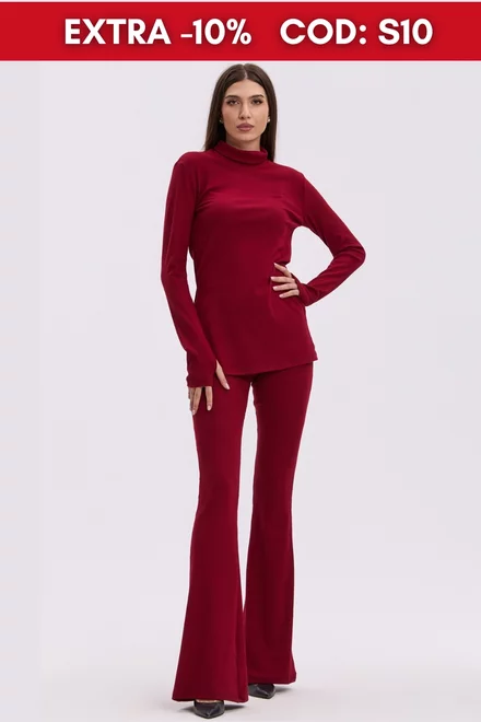 Compleu din Pulover, Doua Piese, Pantalon Evazat si Maleta Lunga cu Crapatura si Degetar, Fatma, Grena