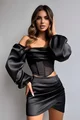 Compleu din Satin, Format din Doua Piese, Top pe Umeri si Fusta , Merry, Negru