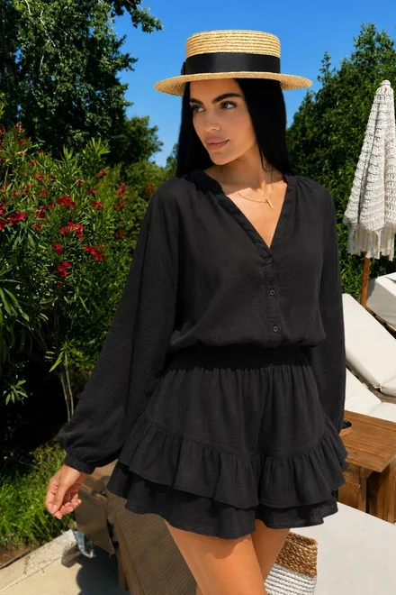 Compleu din Tesatura Tip In, Bluza cu Maneci Lungi Bufante si Fusta Pantalon cu Volane, Winnie, Negru