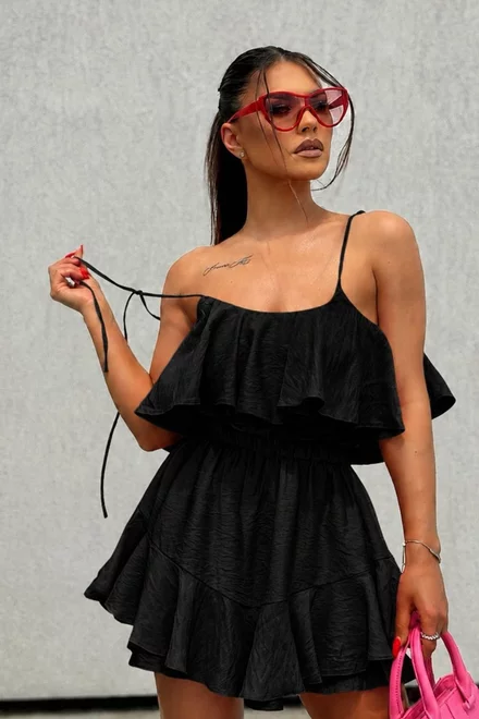 Compleu din Tesatura Tip In, Doua Piese, Top si Fusta Pantalon, Chanty, Negru
