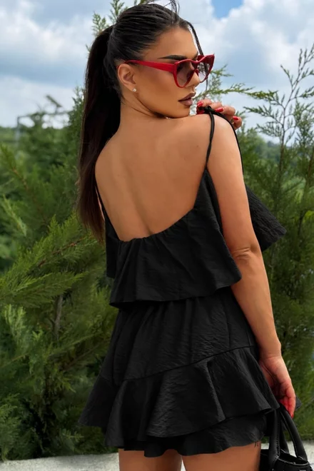 Compleu din Tesatura Tip In, Doua Piese, Top si Fusta Pantalon, Chanty, Negru