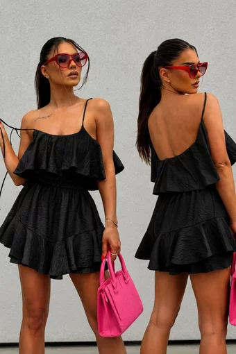 Compleu din Tesatura Tip In, Doua Piese, Top si Fusta Pantalon, Chanty, Negru