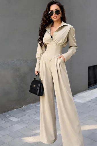 Compleu Doua Piese, Camasa cu Brau Tip Corset si Pantalon Lung, din Bistrech, Clarisee, Bej