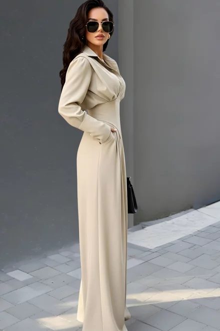 Compleu Doua Piese, Camasa cu Brau Tip Corset si Pantalon Lung, din Bistrech, Clarisee, Bej