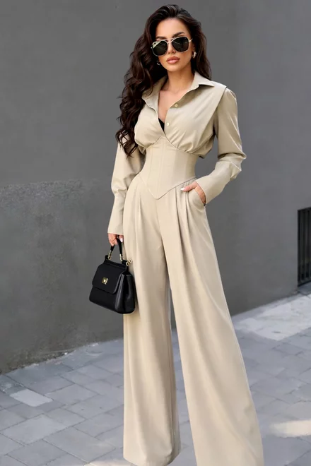 Compleu Doua Piese, Camasa cu Brau Tip Corset si Pantalon Lung, din Bistrech, Clarisee, Bej