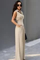 Compleu Doua Piese, din Bistrech, Camasa cu Brau Tip Corset si Pantalon Lung, Elye, Bej