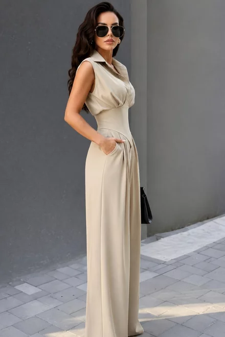 Compleu Doua Piese, din Bistrech, Camasa cu Brau Tip Corset si Pantalon Lung, Elye, Bej