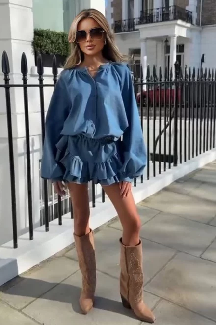 Compleu Doua Piese, din Blug, Camasa cu Maneci Largi si Fusta Pantalon, Tiara, Albastru