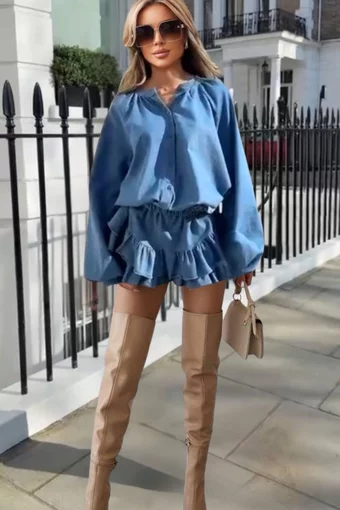 Compleu Doua Piese, din Blug, Camasa cu Maneci Largi si Fusta Pantalon, Tiara, Albastru