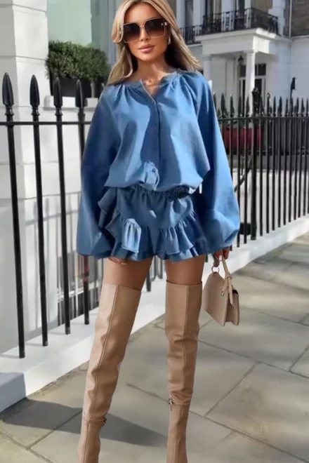 Compleu Doua Piese, din Blug, Camasa cu Maneci Largi si Fusta Pantalon, Tiara, Albastru