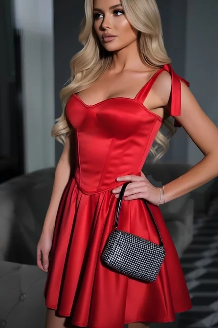 Compleu  Elegant de Dama, din Satin ,din Doua Piese ,Corset cu Bretele si Fusta ,Valeria  ,Rosu