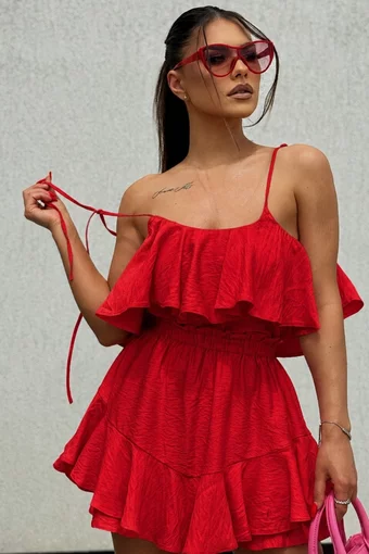  Compleu Format din Doua Piese, din Tesatura Tip In, Top si Fusta Pantalon cu Volane, Arriel, Rosu