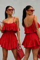  Compleu Format din Doua Piese, din Tesatura Tip In, Top si Fusta Pantalon cu Volane, Arriel, Rosu