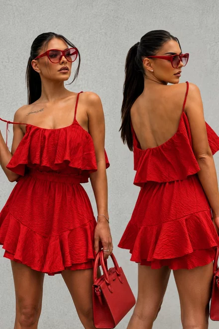  Compleu Format din Doua Piese, din Tesatura Tip In, Top si Fusta Pantalon cu Volane, Arriel, Rosu