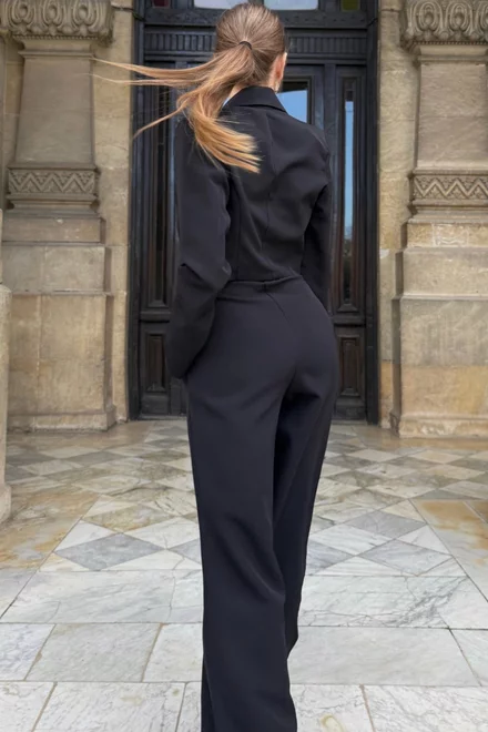 Compleu Lejer de Dama, din Bistrech, Doua Piese, Sacou Scurt si Pantalon cu Betelie Alba, Arris, Negru