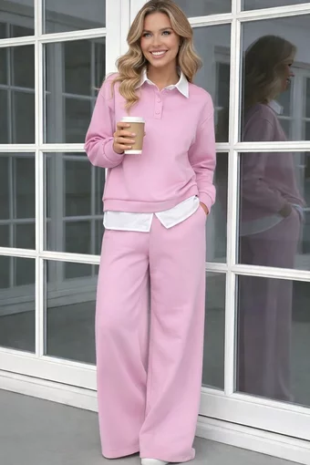 Compleu Lejer de Dama, din Bumbac, cu Poplin Alb, Doua Piese, Venezzia, Roz