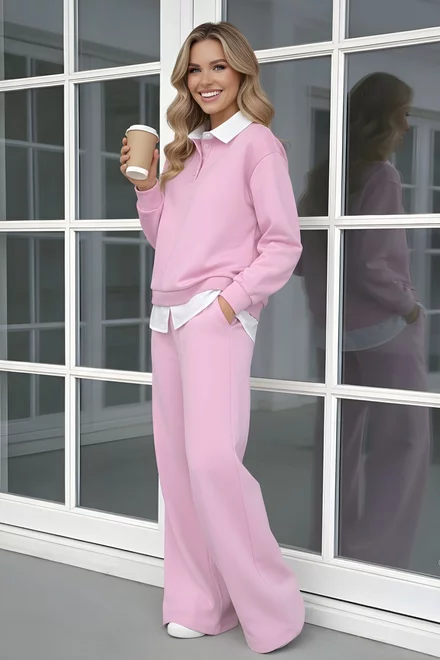 Compleu Lejer de Dama, din Bumbac, cu Poplin Alb, Doua Piese, Venezzia, Roz