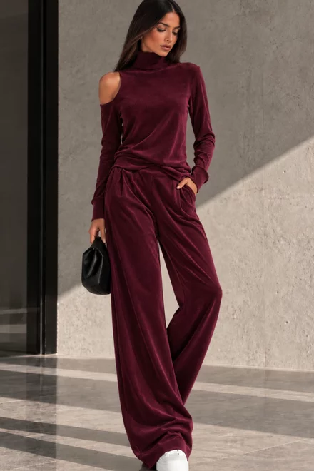 Compleu Lejer de Dama, din Catifea, Maleta si Pantaloni Lungi, Best, Burgundy