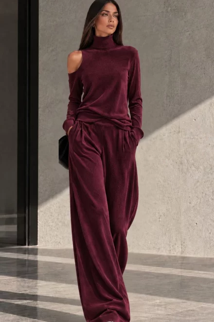 Compleu Lejer de Dama, din Catifea, Maleta si Pantaloni Lungi, Best, Burgundy
