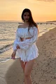 Compleu Lejer de Dama, din Dantela, Format din Doua Piese, Top si Fusta-Pantalon, Maroc, Ecru