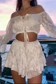 Compleu Lejer de Dama, din Dantela, Format din Doua Piese, Top si Fusta-Pantalon, Maroc, Ecru