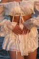 Compleu Lejer de Dama, din Dantela, Format din Doua Piese, Top si Fusta-Pantalon, Maroc, Ecru