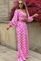 Compleu Lejer de Dama, din Doua Piese, cu Buline Albe, Pantalon Lung Evazat si Top cu Maneci Lungi si Cordon, MinniMouse, Roz
