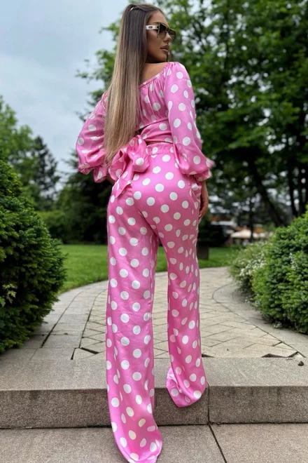 Compleu Lejer de Dama, din Doua Piese, cu Buline Albe, Pantalon Lung Evazat si Top cu Maneci Lungi si Cordon, MinniMouse, Roz