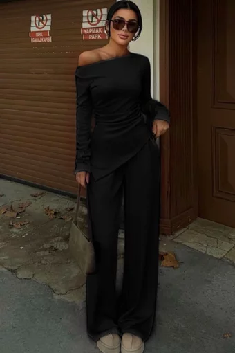 Compleu Lejer de Dama, din Doua Piese, Pantalon Lejer si Bluza Asimetrica cu Maneci Lungi, Versatille, Negru