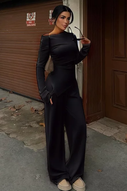 Compleu Lejer de Dama, din Doua Piese, Pantalon Lejer si Bluza Asimetrica cu Maneci Lungi, Versatille, Negru