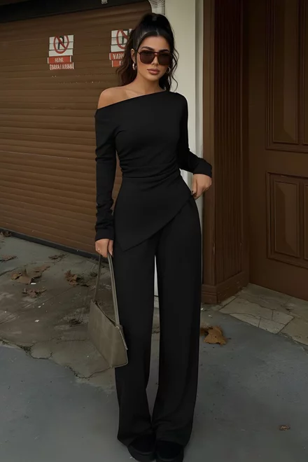 Compleu Lejer de Dama, din Doua Piese, Pantalon Lejer si Bluza Asimetrica cu Maneci Lungi, Versatille, Negru