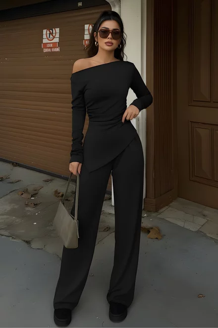 Compleu Lejer de Dama, din Doua Piese, Pantalon Lejer si Bluza Asimetrica cu Maneci Lungi, Versatille, Negru