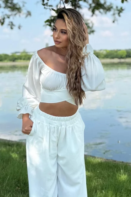 Compleu Lejer de Dama, din Doua Piese, Pantalon Lung Oversize si Top cu Maneci Lungi si Cordon, Arabica, Ivoire