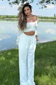 Compleu Lejer de Dama, din Doua Piese, Pantalon Lung Oversize si Top cu Maneci Lungi si Cordon, Arabica, Ivoire