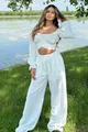 Compleu Lejer de Dama, din Doua Piese, Pantalon Lung Oversize si Top cu Maneci Lungi si Cordon, Arabica, Ivoire