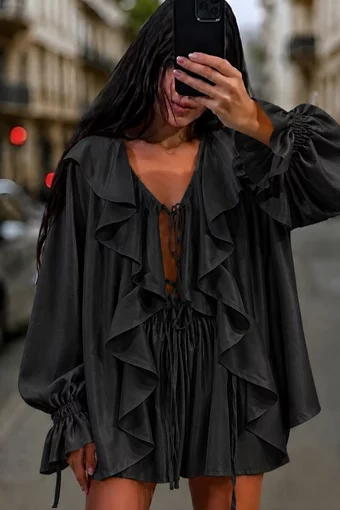 Compleu Lejer de Dama, din Satin, Camasa Lejera si Pantalon Scurt, Veross, Negru