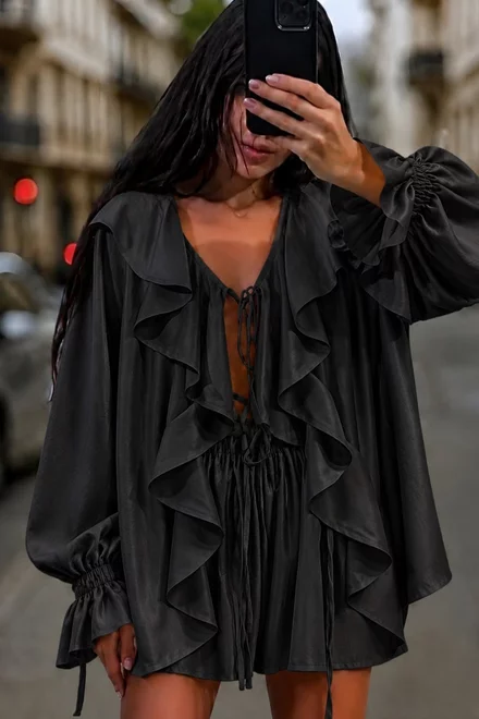 Compleu Lejer de Dama, din Satin, Camasa Lejera si Pantalon Scurt, Veross, Negru